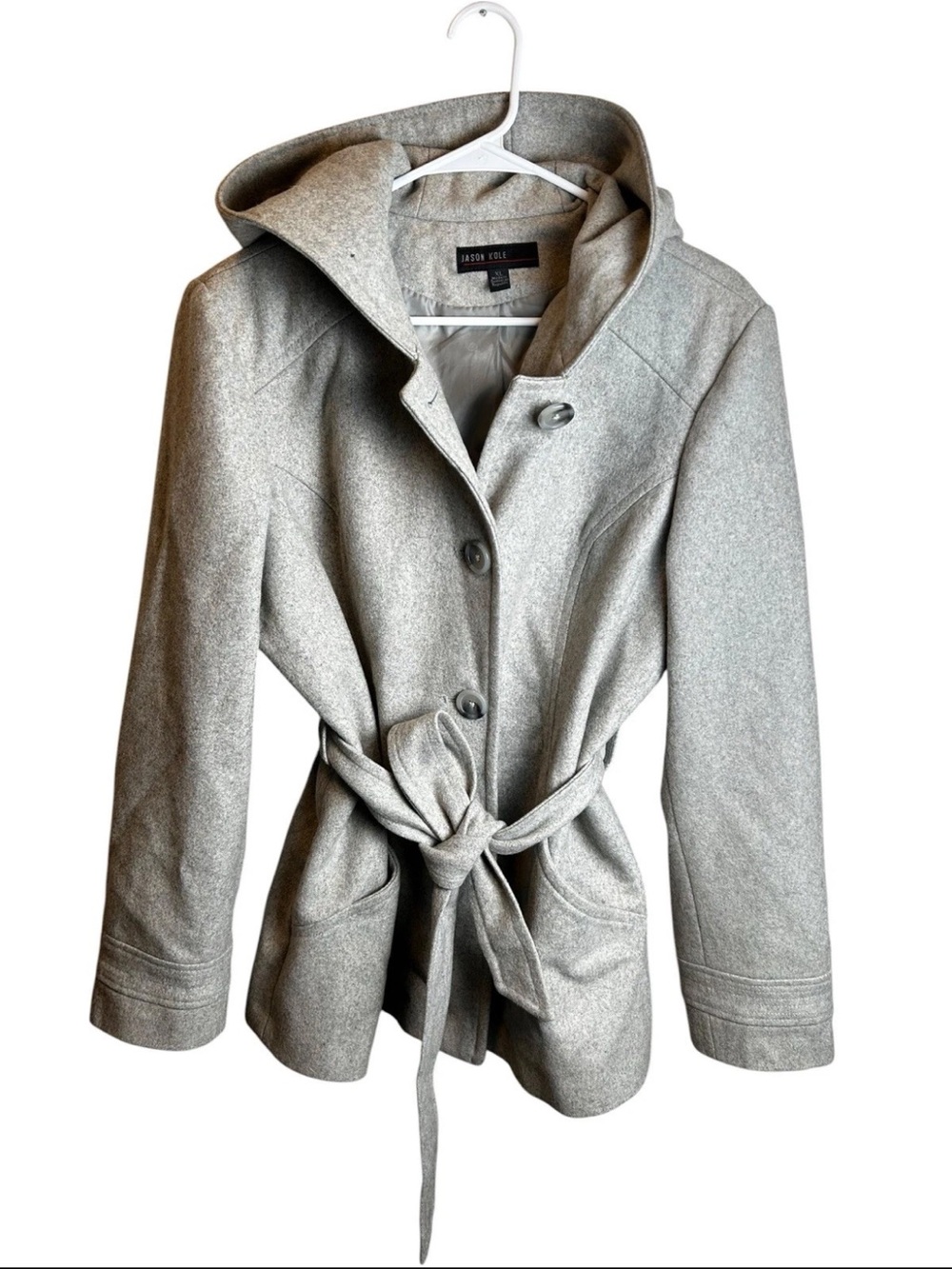 Jason Kole Women’s XL Gray Hooded 60% Wool Belted Peacoat